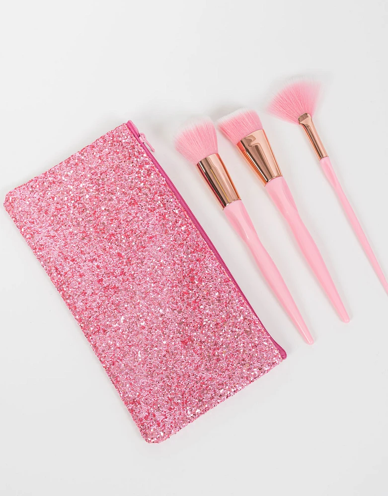 Set de 3 brochas rosas metalizadas y cosmetiquero de glitter