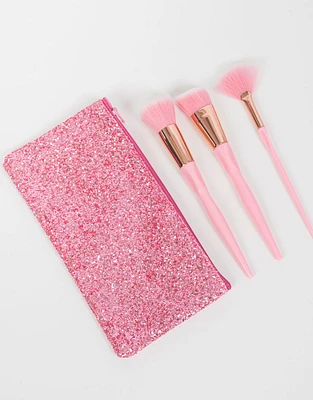 Set de 3 brochas rosas metalizadas y cosmetiquero de glitter