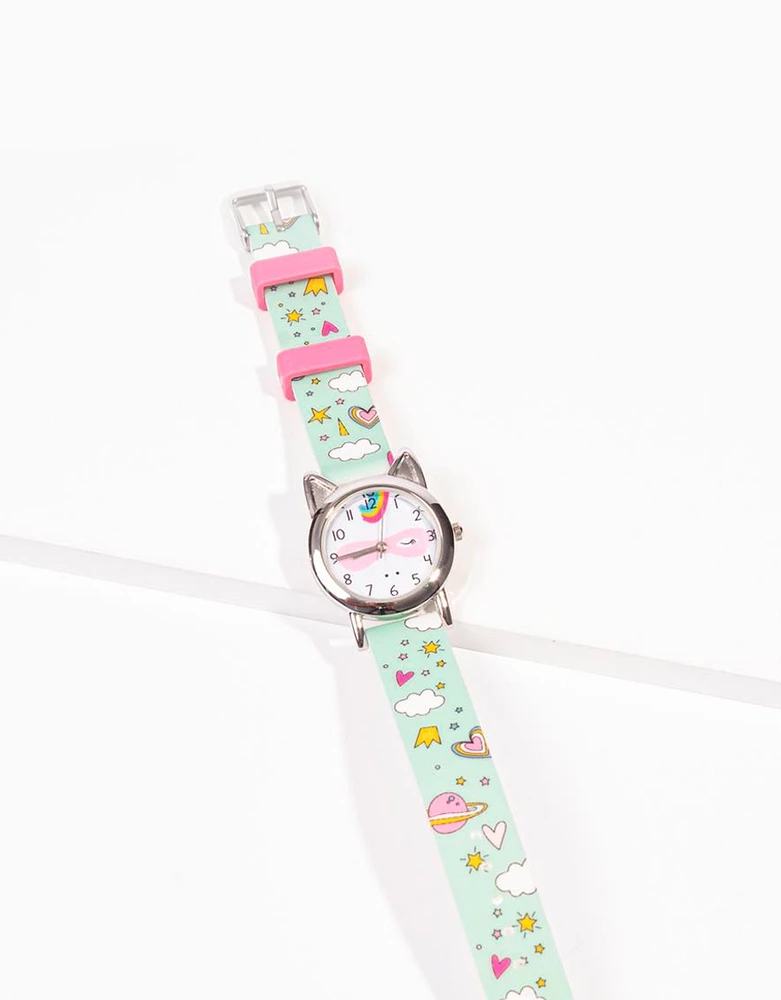 Reloj infantil con carita de unicornio y malla con dibujitos galácticos