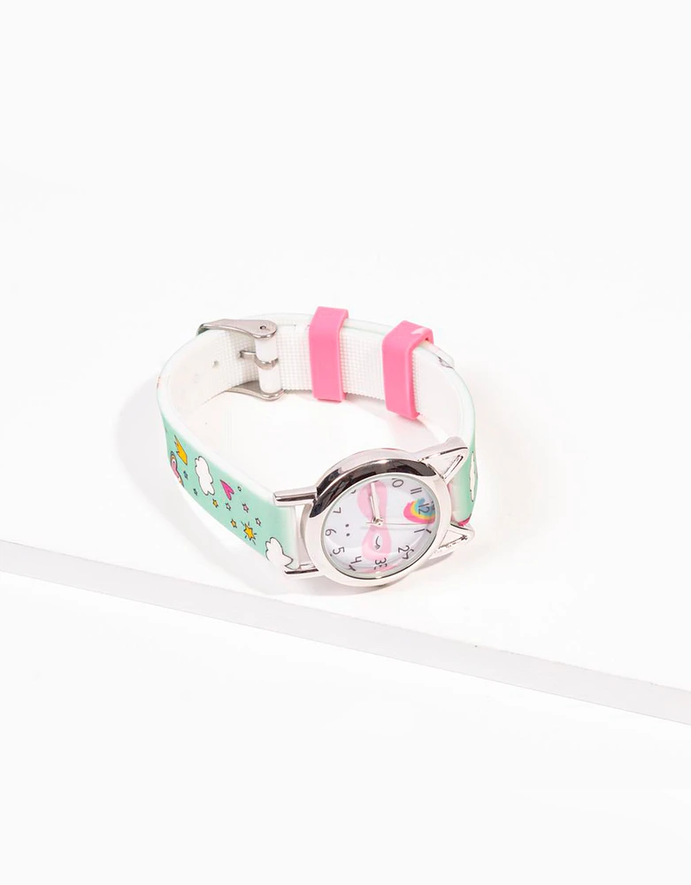 Reloj infantil con carita de unicornio y malla con dibujitos galácticos