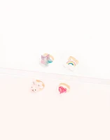 Set de 4 anillos infantiles con dijes de arcoiris, conejito, corazón y estrella