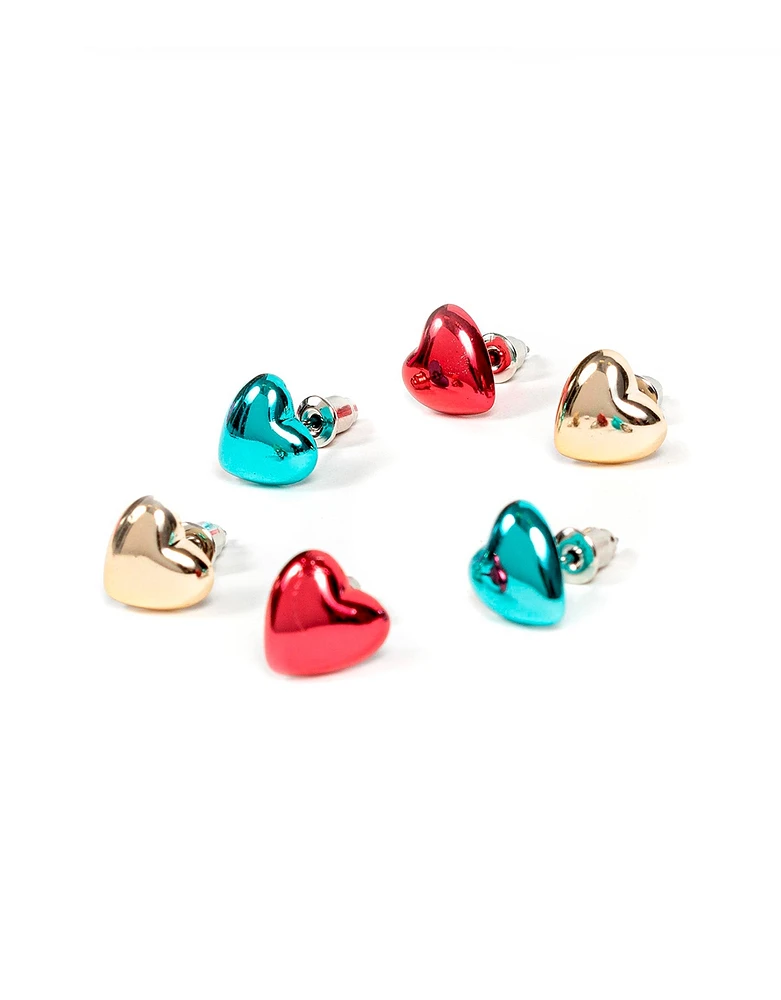 Set de 3 pares de aretes de corazones metalizados