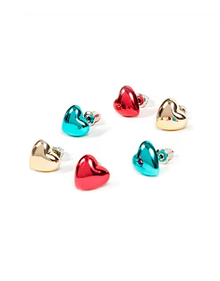 Set de 3 pares de aretes de corazones metalizados