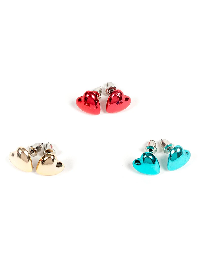 Set de 3 pares de aretes de corazones metalizados