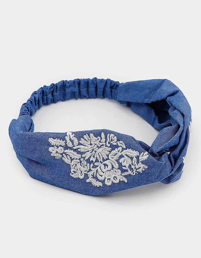 Diadema textil denim con bordado