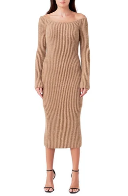 Endless Rose Long Sleeve Off the Shoulder Rib Midi Sweater Dress Camel at Nordstrom,