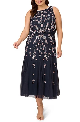 Adrianna Papell Floral Embellished Mesh Midi Gown in Navy/Blush at Nordstrom, Size 16W