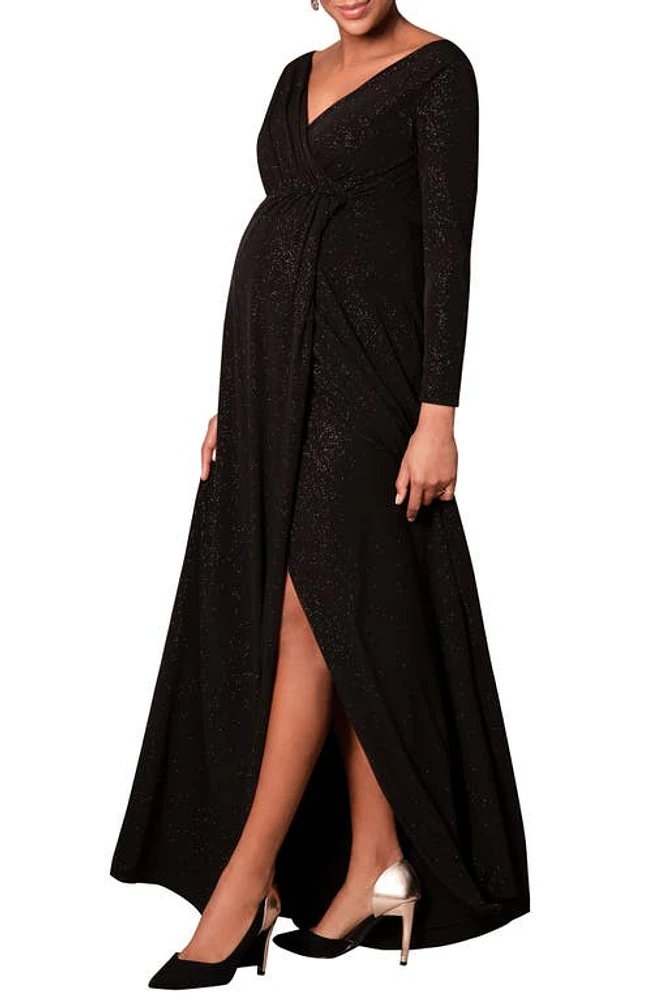 Tiffany Rose Isabella Long Sleeve Glitter Maternity Gown in Glitter Black at Nordstrom