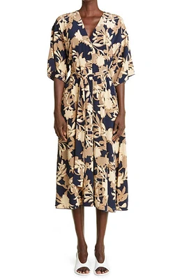 St. John Collection Floral Print Belted Silk Blend Midi Dress in Navy Multi at Nordstrom, Size 4