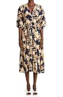 St. John Collection Floral Print Belted Silk Blend Midi Dress in Navy Multi at Nordstrom, Size 4