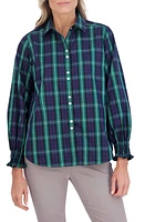 Foxcroft Olivia Blackwatch Plaid Smocked Cuff Cotton Blend Button-Up Shirt Black Watch at Nordstrom,