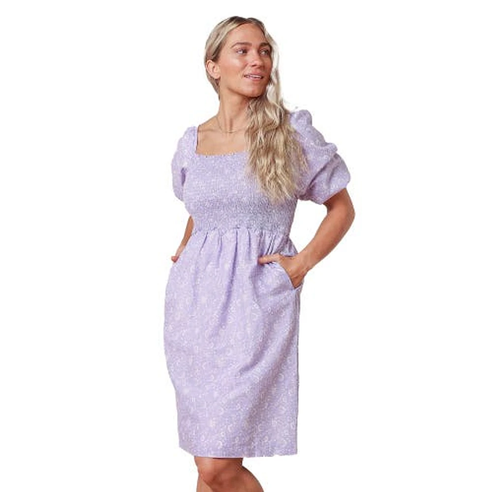 Hope & Henry Womens' Bubble Sleeve Smocked Bodice Dress Lavender Field Floral at Nordstrom,