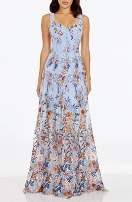 Dress the Population Anabel Floral Embroidered Chiffon Gown Sky Multi at Nordstrom,