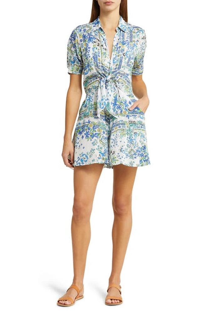 Poupette St Barth Bettina Floral Tie Front Cover-Up Romper in Blue Foulard Fub at Nordstrom, Size X-Small