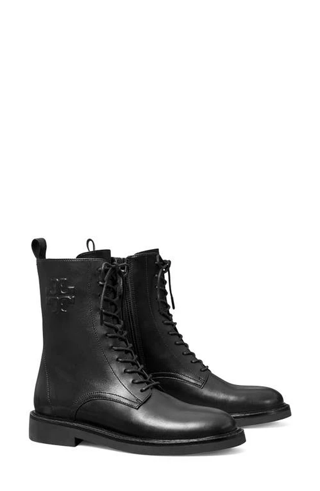 Tory Burch Double-T Croc Embossed Combat Boot Perfect Black at Nordstrom,