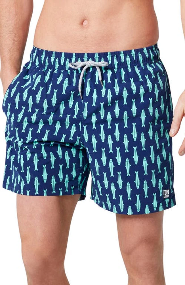 Tom & Teddy Sardine Print Swim Trunks Ink Blue And Green at Nordstrom,