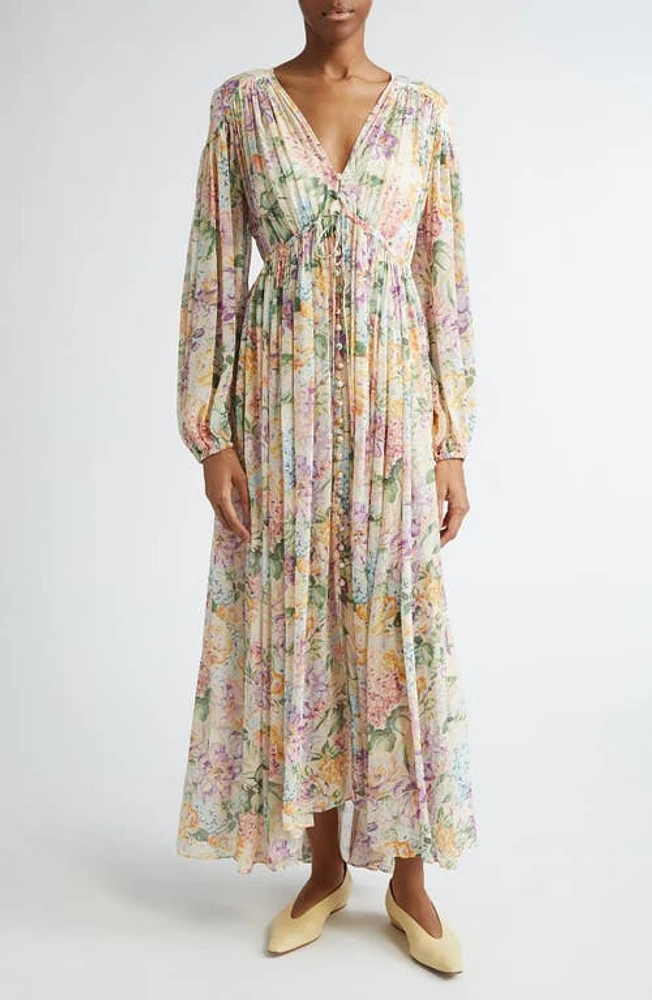 Zimmermann Halliday Floral Gathered Maxi Dress Multi Watercolour at Nordstrom,