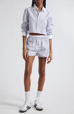 Sporty & Rich SRC Embroidered Stripe Cotton Crop Button-Up Shirt White/Navy Thin at Nordstrom,