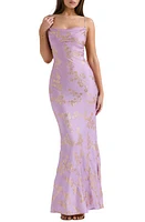 HOUSE OF CB Capriana Metallic Sleeveless Lace Back Mermaid Gown Orchid Bloom at Nordstrom,