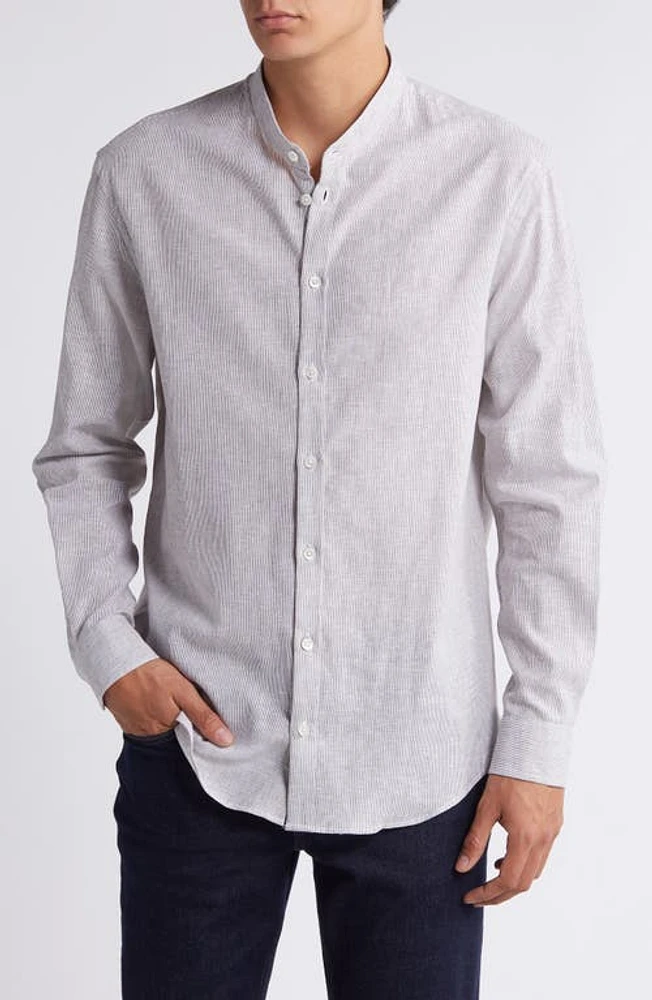 Emporio Armani Pinstripe Band Collar Linen & Cotton Button-Up Shirt Grey at Nordstrom,