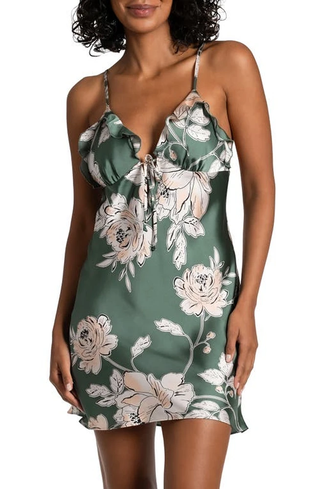 Midnight Bakery Fiji Floral Print Ruffle Trim Satin Chemise Simple Floret at Nordstrom,