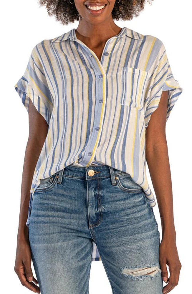 KUT from the Kloth Mickey Stripe Cuff Sleeve Shirt Blue/Yellow at Nordstrom,