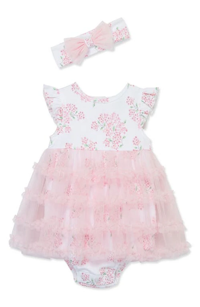 Little Me Hydrangea Floral Skirted Bodysuit & Headband Set Pink at Nordstrom,