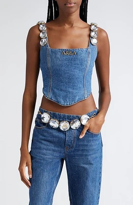 Area Jumbo Crystal Denim Corset Crop Top in Medium Wash at Nordstrom, Size 6