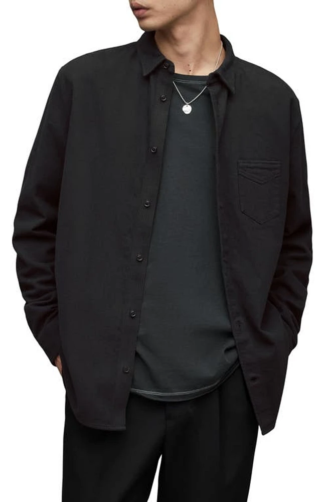 AllSaints Arden Cotton Button-Up Shirt Jet Black at Nordstrom,