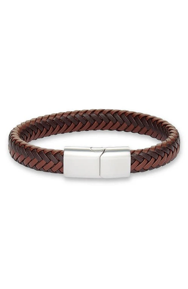 Nordstrom Men's Woven Leather Bracelet in Chocolate- Silver at Nordstrom