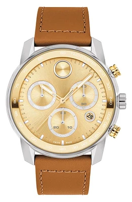 Movado Bold Verso Chronograph Leather Strap Watch, 44mm in Silver /Tan at Nordstrom