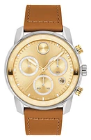 Movado Bold Verso Chronograph Leather Strap Watch, 44mm in Silver /Tan at Nordstrom