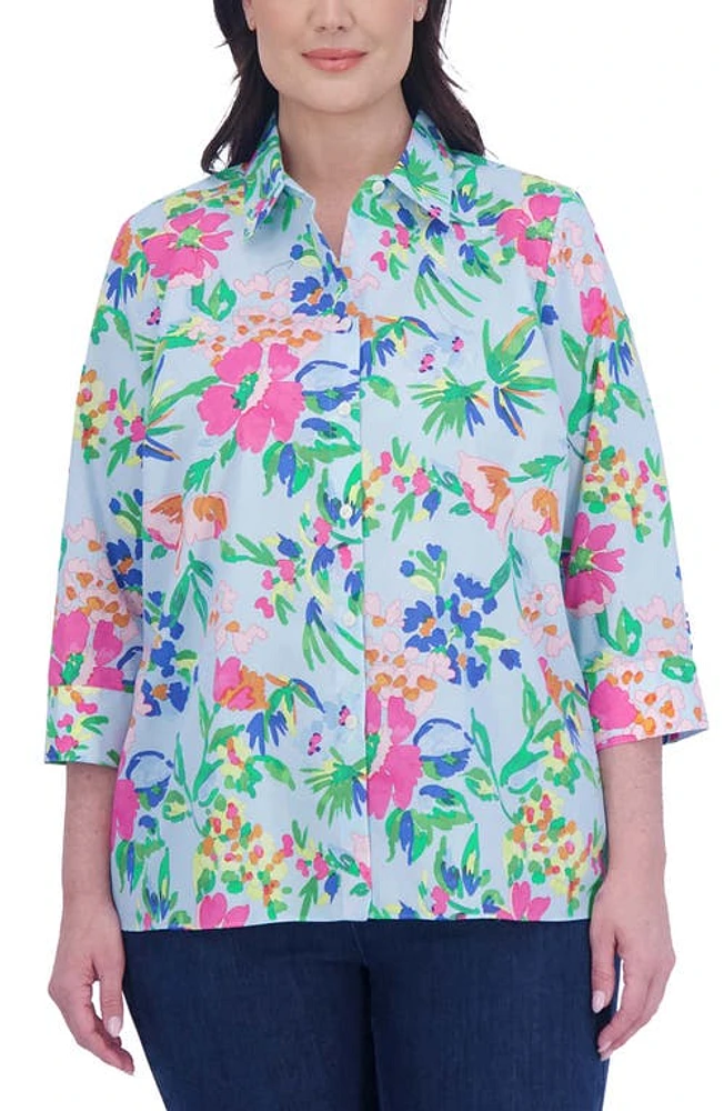 Foxcroft Kelly Floral Button-Up Shirt Blue Multi at Nordstrom