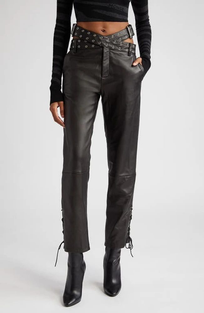 MONSE Grommet Crossover Belt Leather Pants Black at Nordstrom,