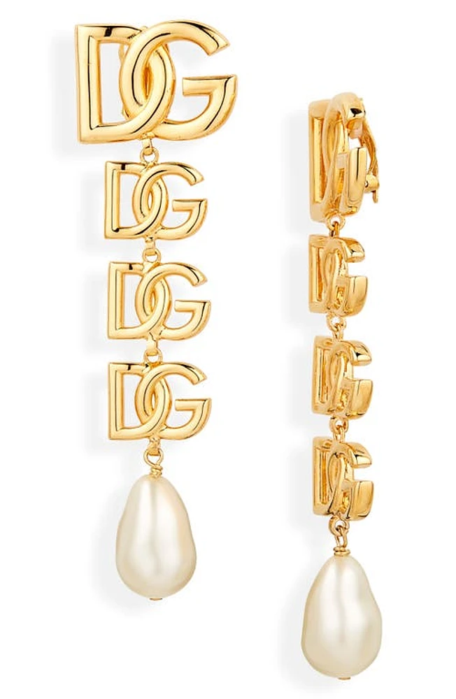 Dolce & Gabbana Logo Imitation Pearl Clip-On Drop Earrings in Oro at Nordstrom