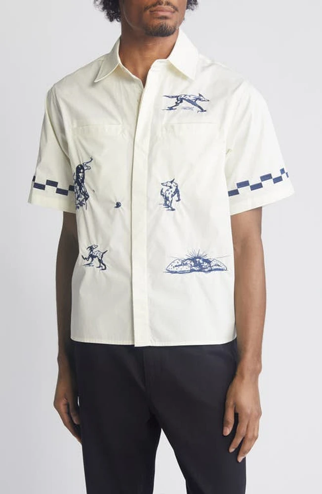 JUNGLES Live Your Life Embroidered Short Sleeve Cotton Button-Up Shirt Birch at Nordstrom,