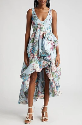 Zimmermann Matchmaker Drape High-Low Linen & Silk Dress Blue Barkcloth Print at Nordstrom,