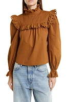 STELLAH Eyelet Trim Mock Neck Cotton Blouse in Caramel at Nordstrom, Size Large