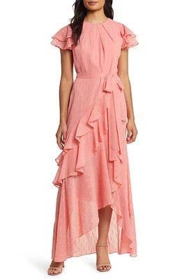 Eliza J Metallic Ruffle Fil Coupé High-Low Maxi Dress Rose at Nordstrom,