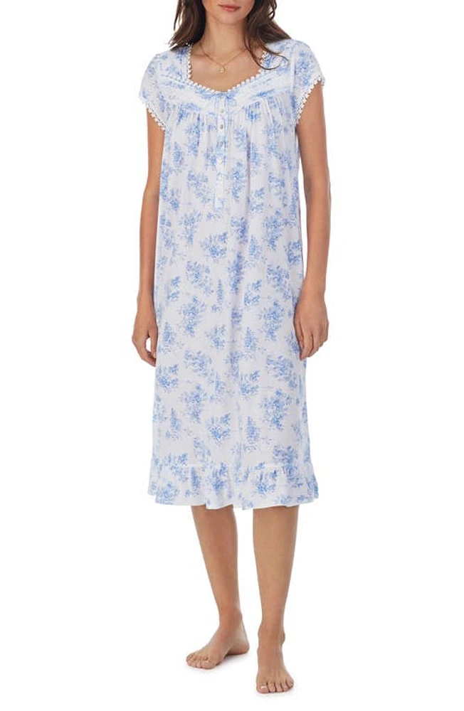 Eileen West Waltz Floral Print Lace Trim Cotton & Modal Nightgown in Wht/bluflr at Nordstrom, Size X-Small