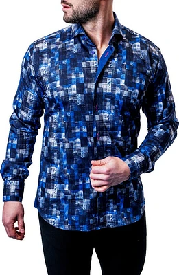 Maceoo Einstein Blurred Gingham Blue Contemporary Fit Button-Up Shirt at Nordstrom,