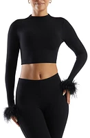 Naked Wardrobe Fly as a Feather Long Sleeve Crop Top Black at Nordstrom,