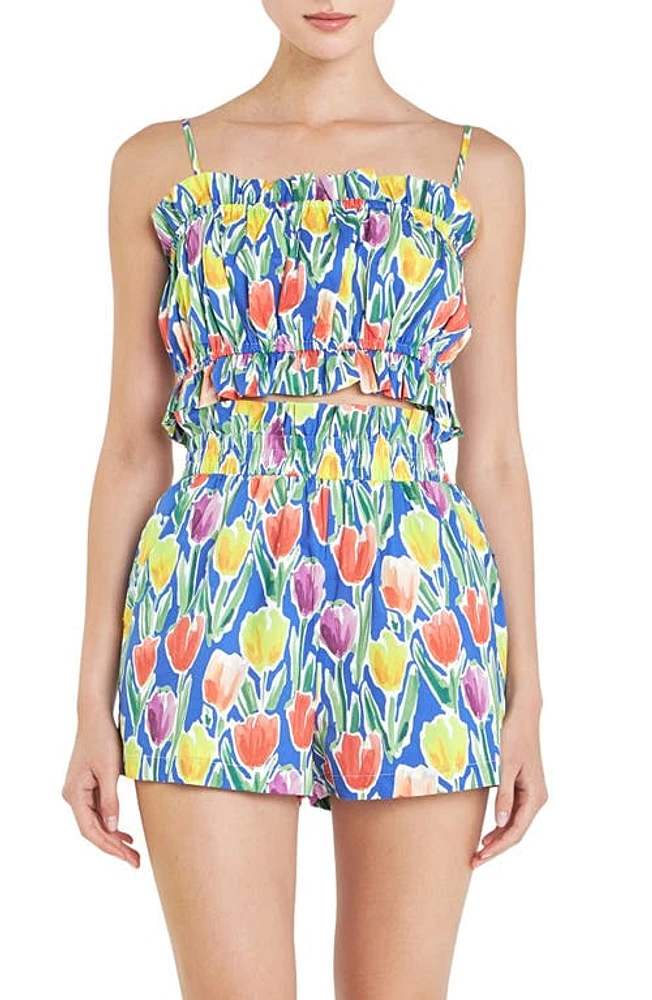 English Factory Tulip Print Ruffle Cotton Crop Top Blue Multi at Nordstrom,