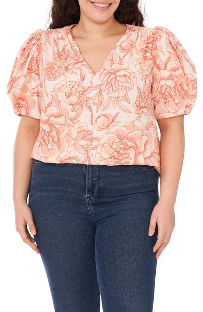 CeCe Floral Print Puff Sleeve Linen Blend Top Sweet Rose at Nordstrom,