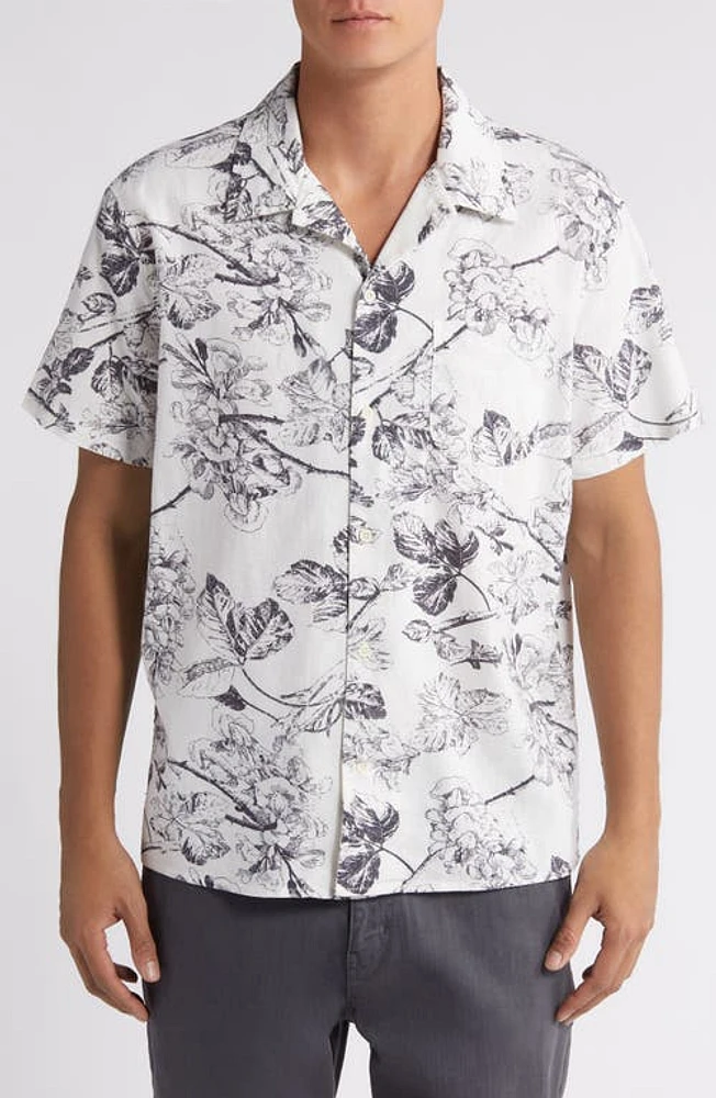 Treasure & Bond Woodcut Floral Linen Cotton Camp Shirt Navy at Nordstrom,