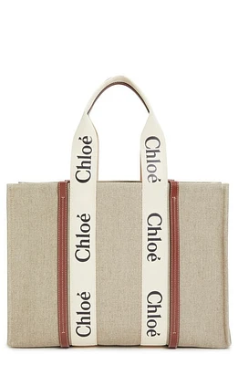 Chloé Large Woody Linen Tote in White - Brown 1 at Nordstrom