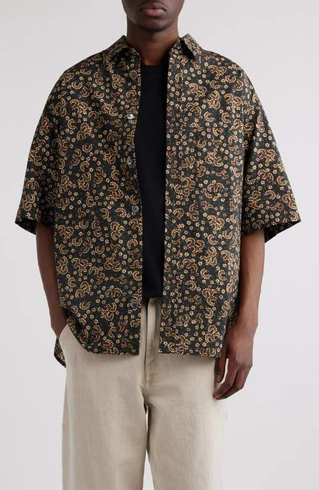 Isabel Marant Labilo Oversize Floral Short Sleeve Button-Up Shirt Black /Ochre at Nordstrom,