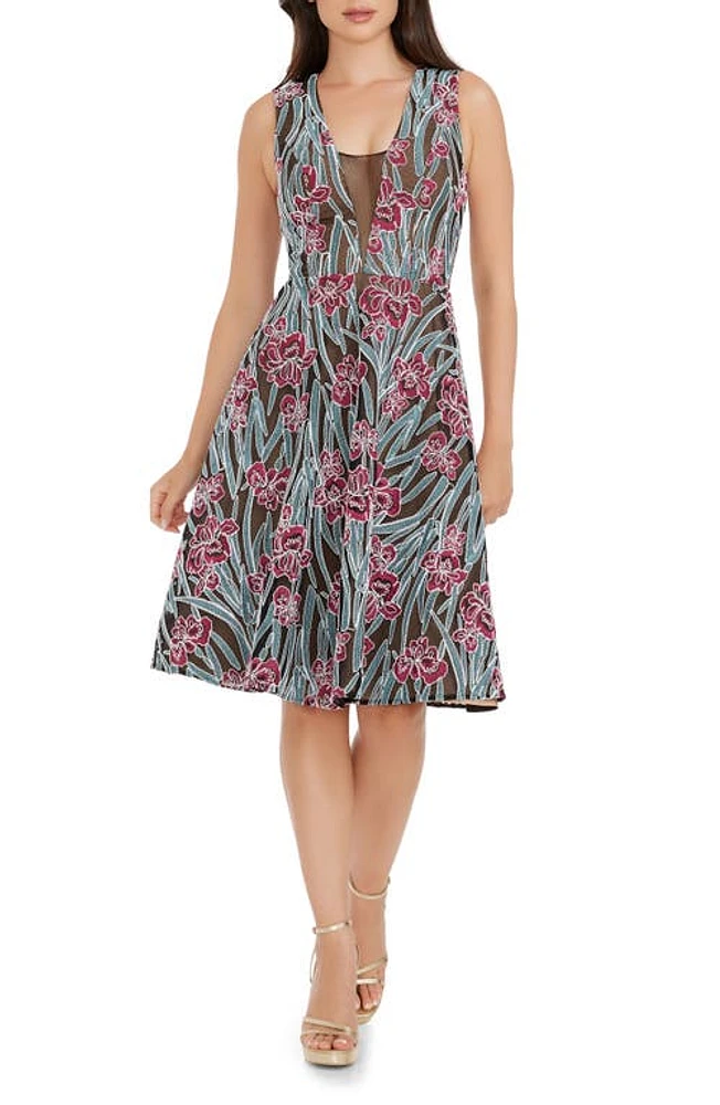 Dress the Population Macie Floral Embroidery Fit & Flare Fuchsia Multi at Nordstrom,