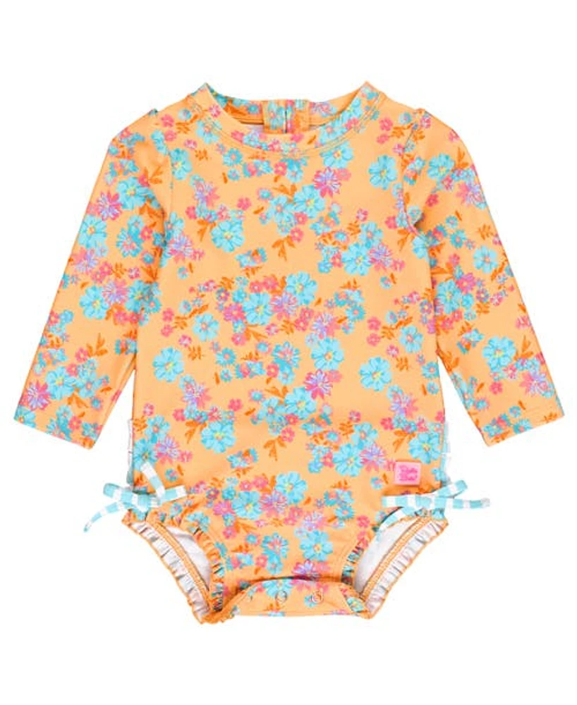 RuffleButts Girls Long Sleeve UPF50+ One Piece Rash Guard in Vibrant Valley at Nordstrom, Size 3T