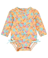 RuffleButts Girls Long Sleeve UPF50+ One Piece Rash Guard in Vibrant Valley at Nordstrom, Size 3T